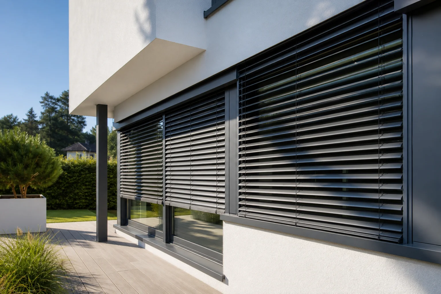 Facade blinds on large windows of a modern house in full sunlight