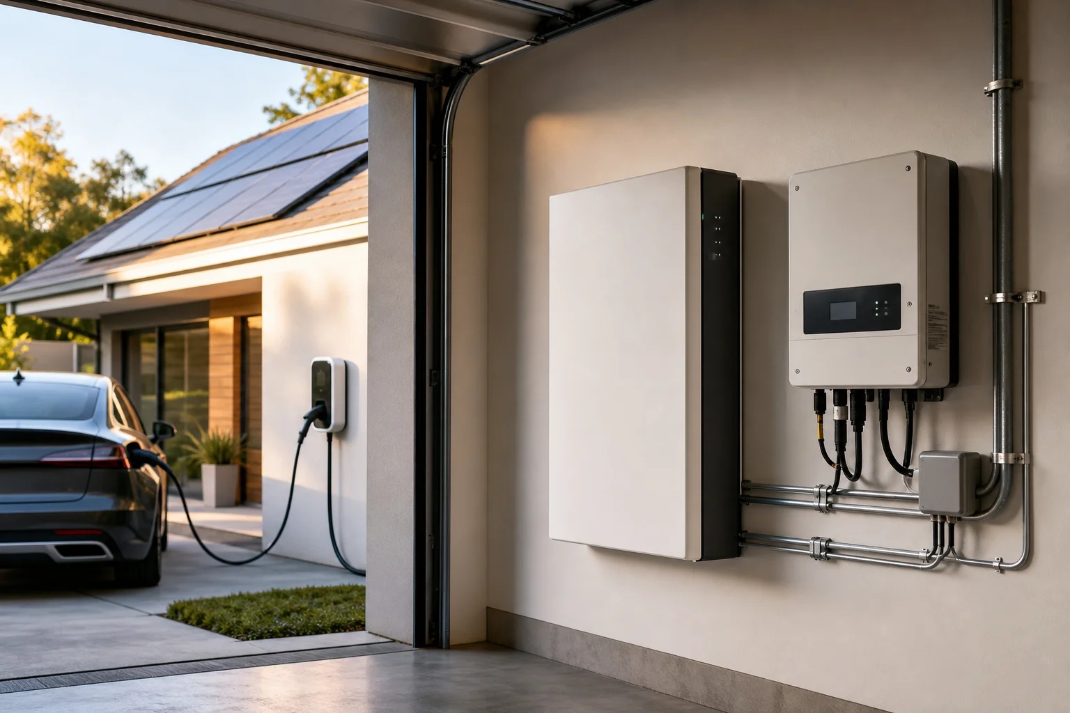 Wall-mounted battery storage and inverter in the garage of a single-family house, with an electric car at a charger and rooftop solar panels in the background