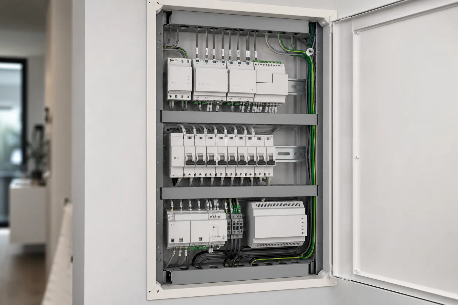 Residential switchboard with DIN rail mounted automation modules and tidy wiring