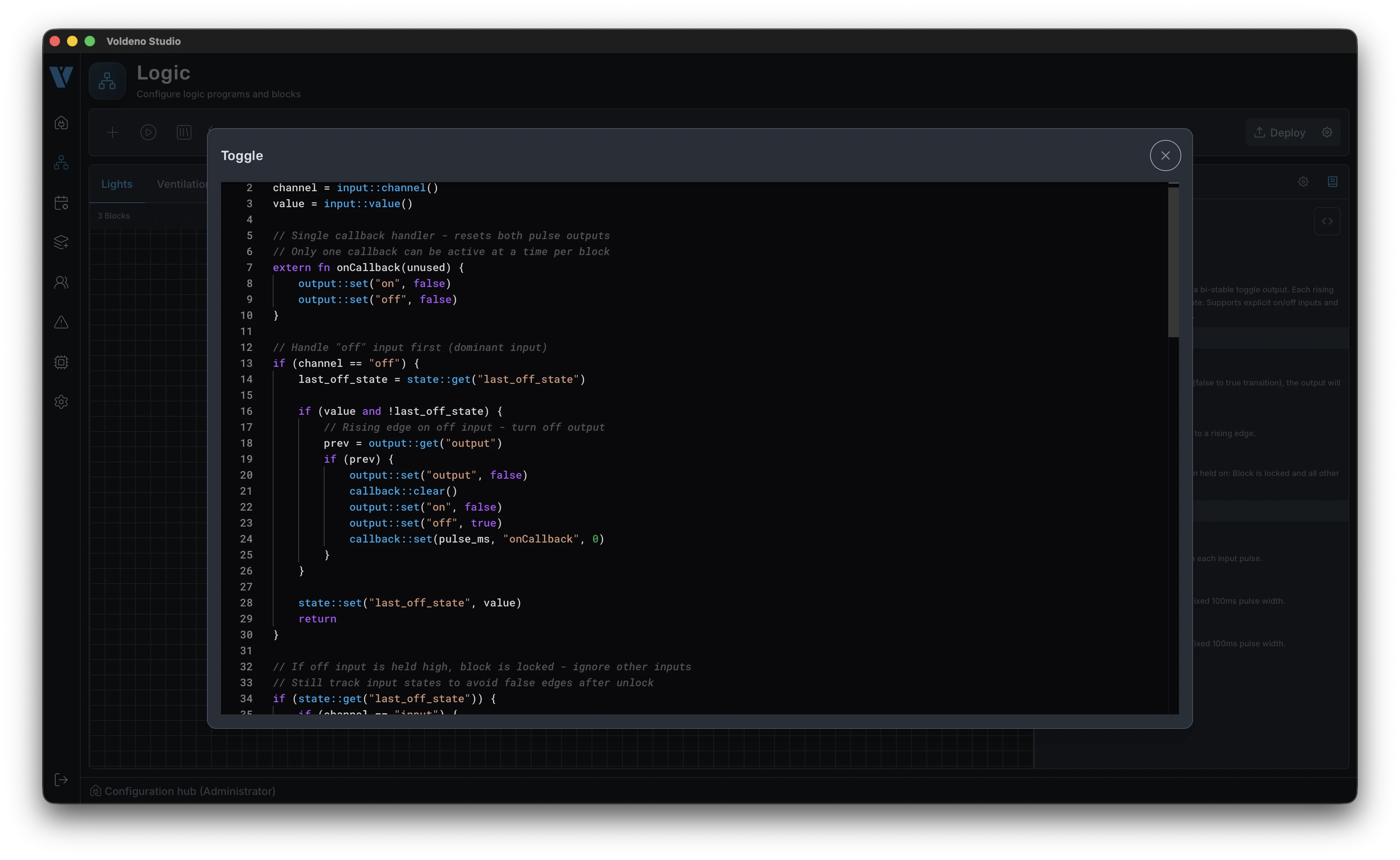Source code view of a logic block in Voldeno Studio