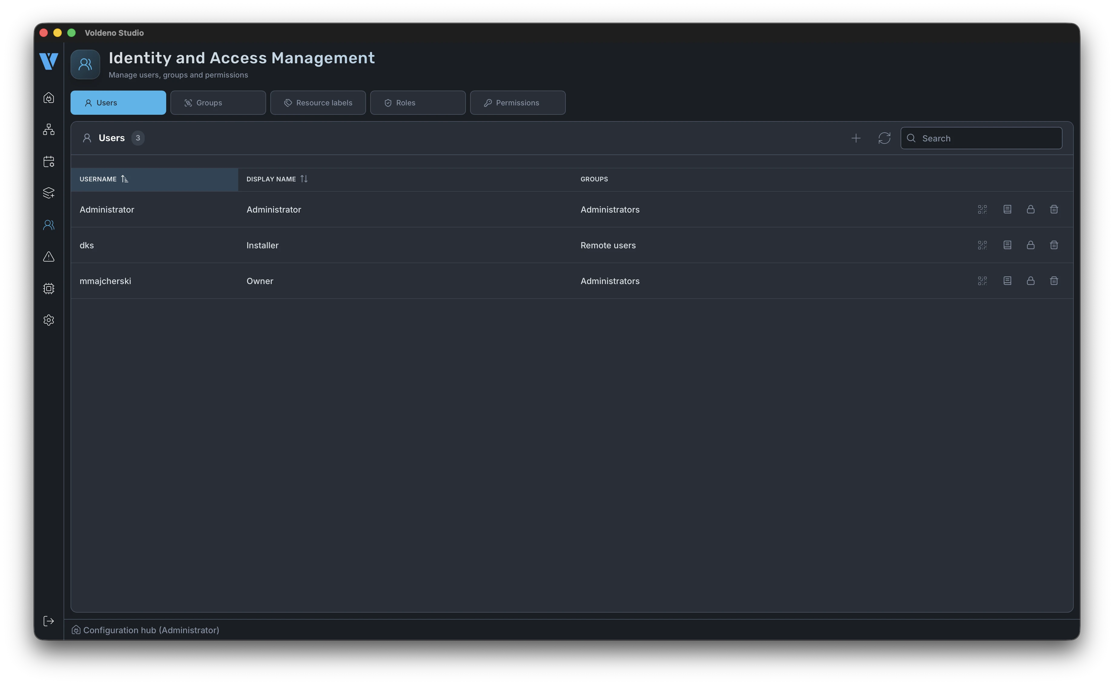 Users view in Voldeno Studio