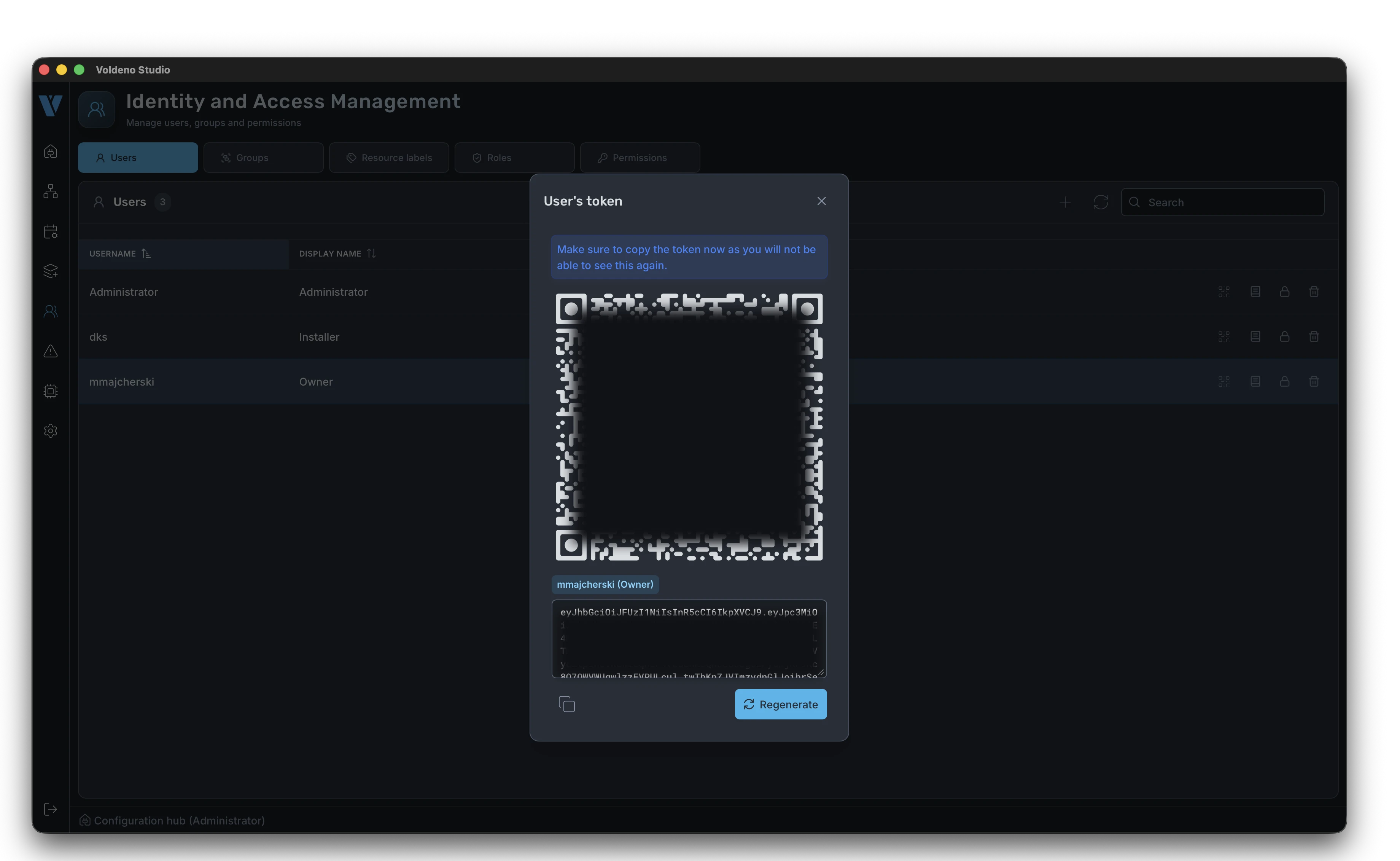 Displayed pairing token with QR code