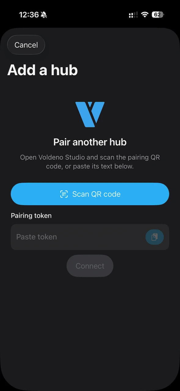 Pairing Voldeno Mobile with the Hub by scanning the QR code