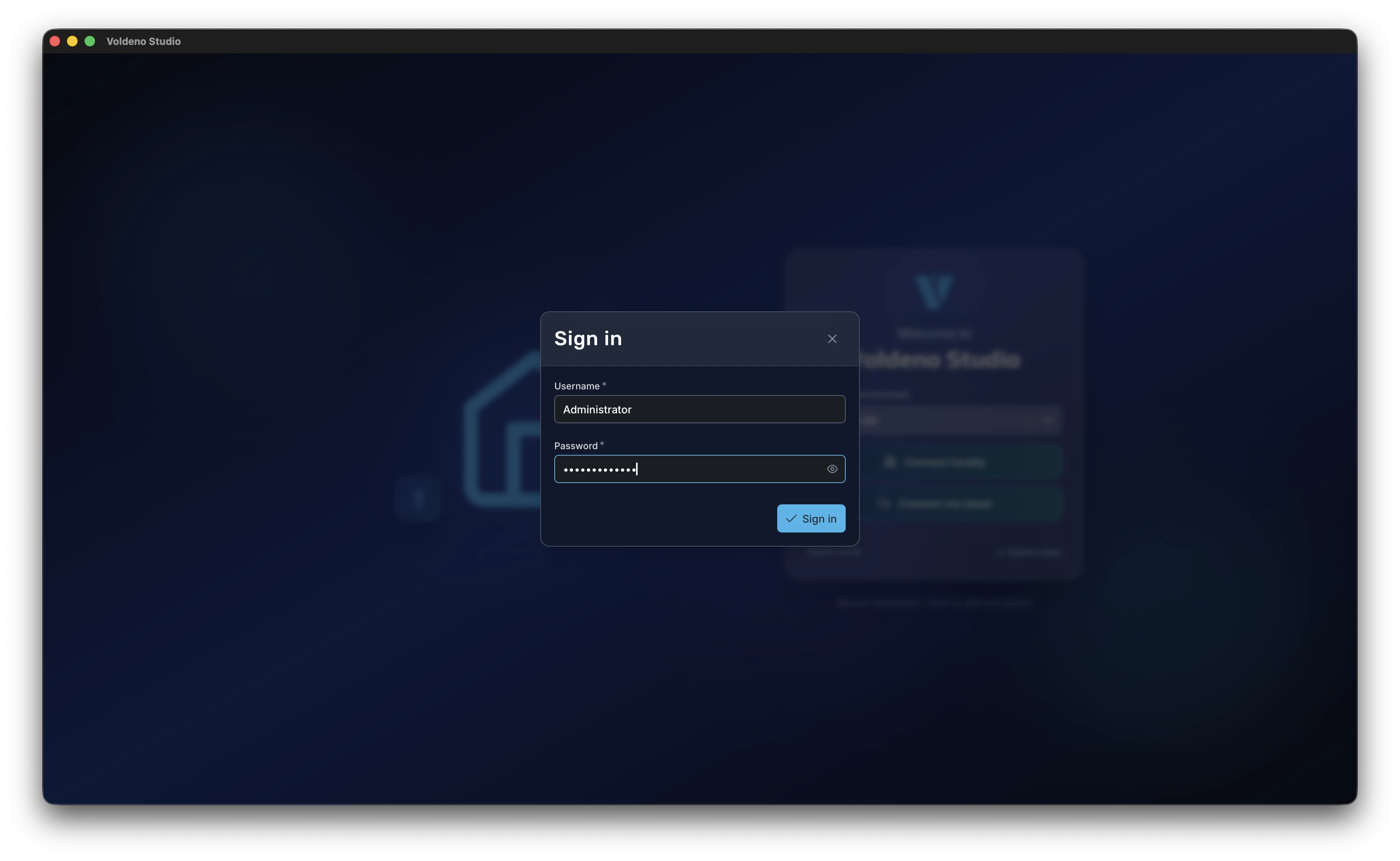 Hub sign-in dialog in Voldeno Studio