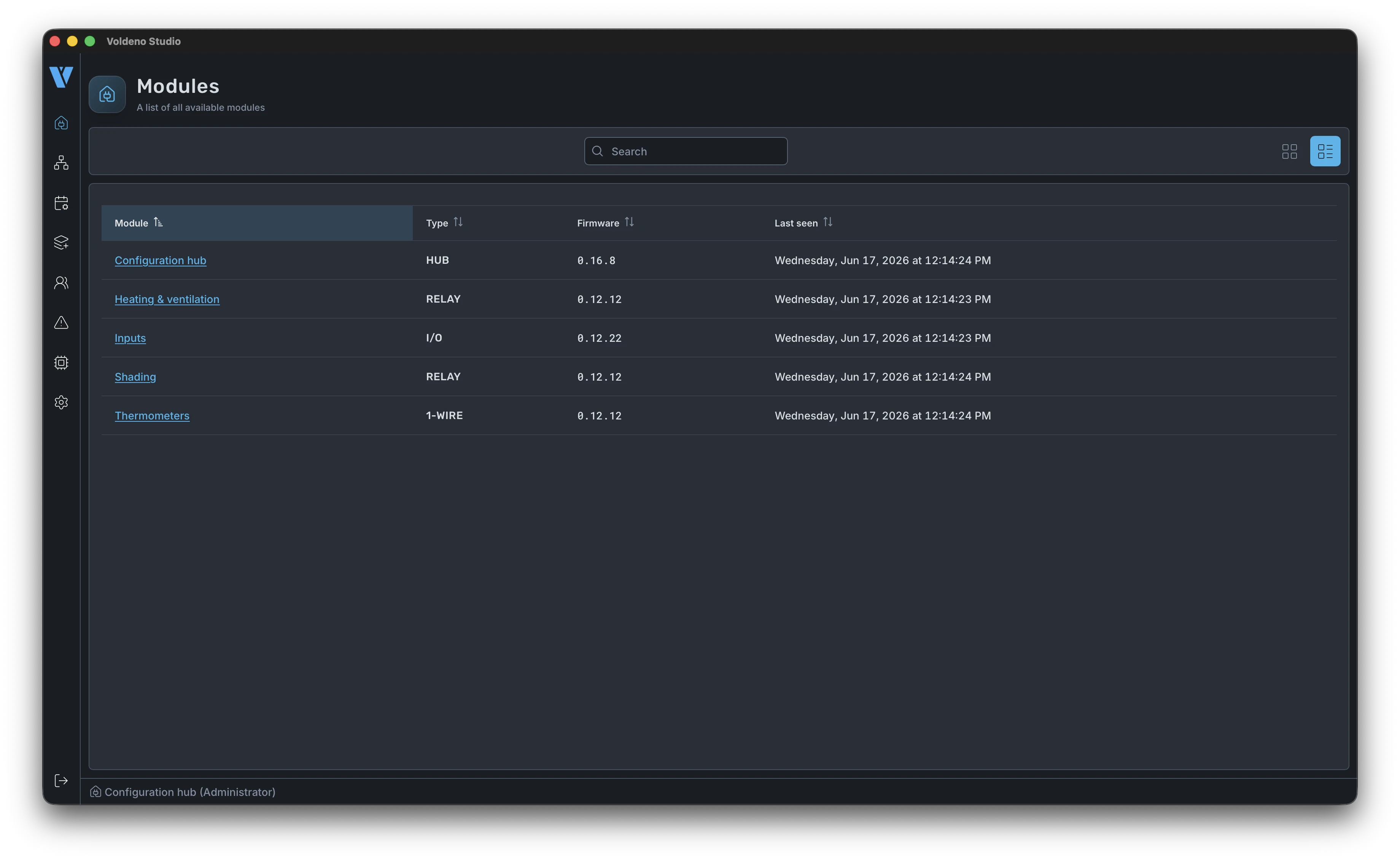 Hardware module list in Voldeno Studio