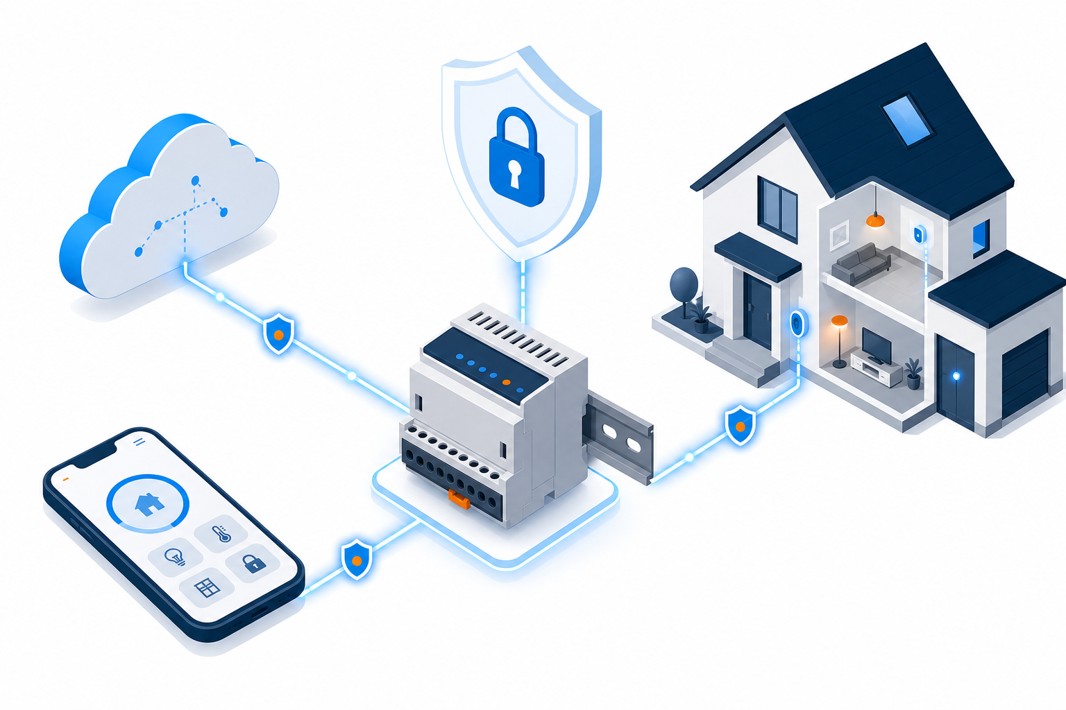 Secure Voldeno smart-home system: a control hub linking a house, a phone, and the cloud over encrypted connections