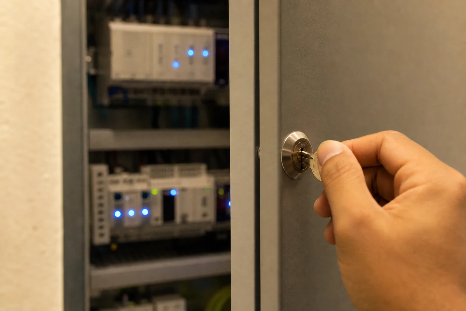 Verschließen des Elektroschranks, in dem die auf der Hutschiene montierten Automationsmodule des Smart Home untergebracht sind