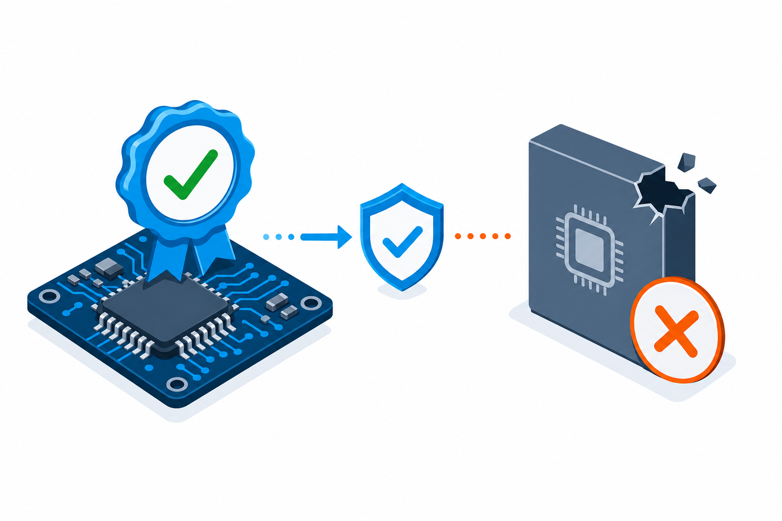 Verified firmware: a signed image with a seal and checkmark is accepted, while a tampered image is rejected