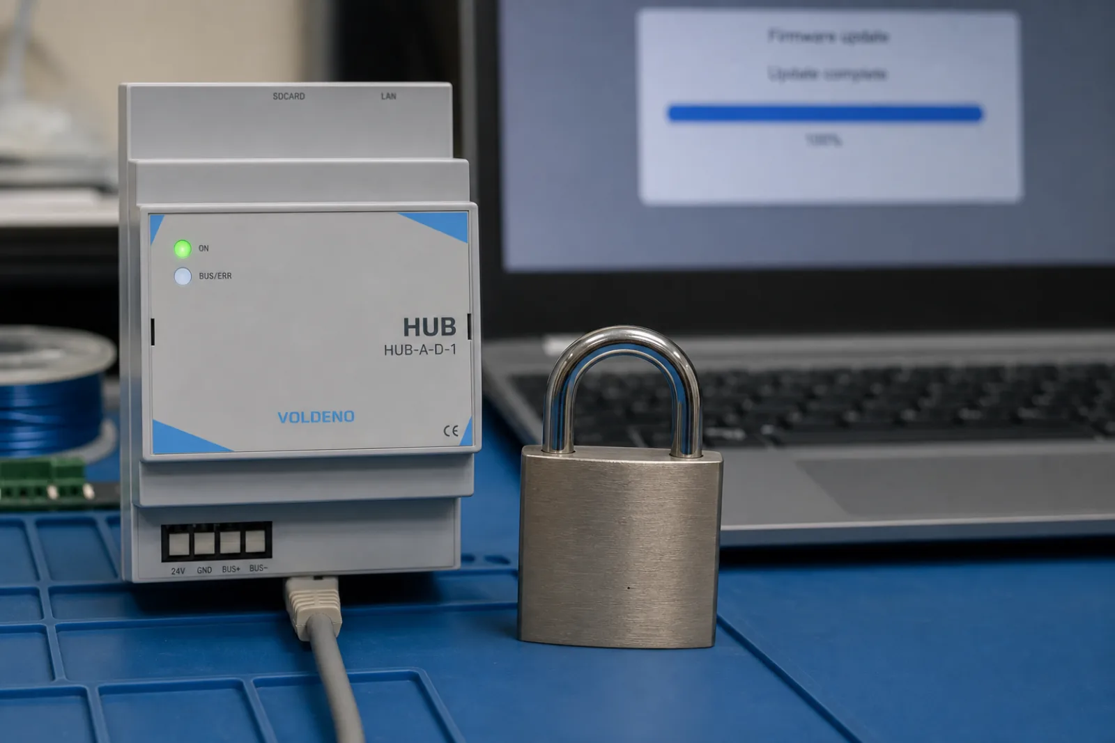 Ein Vorhängeschloss vor einem Voldeno-Hub-Modul, das ein Firmware-Update von einem Laptop erhält, Updates sind an signierte Images gebunden