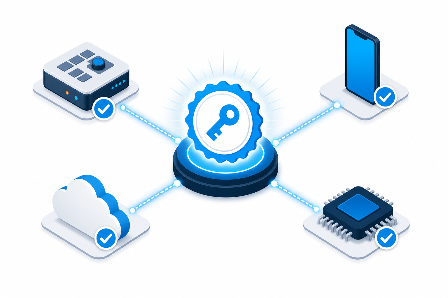 A private certificate authority acting as the single root of trust, issuing verified identities to the hub, phone, cloud, and chip