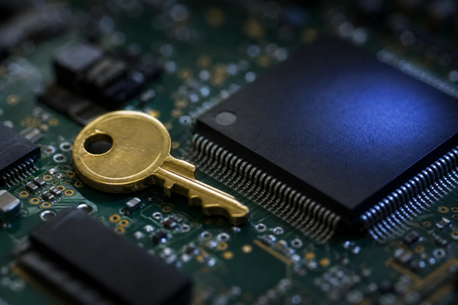 Ein Schlüssel neben einem Mikrocontroller auf einer Leiterplatte, die kryptografischen Schlüssel jedes Hub liegen im Chip