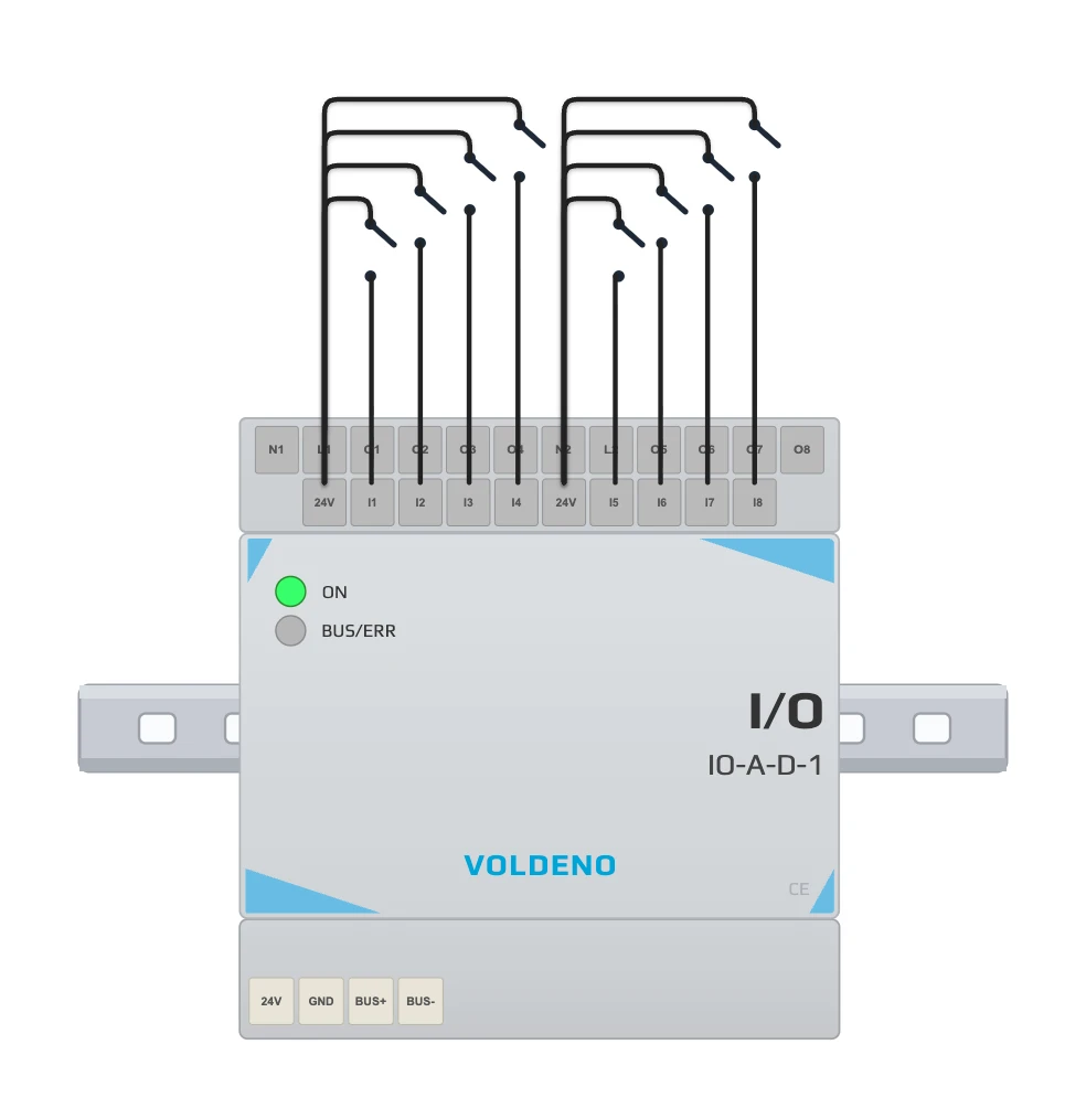 Wiring push buttons to the I/O module digital inputs